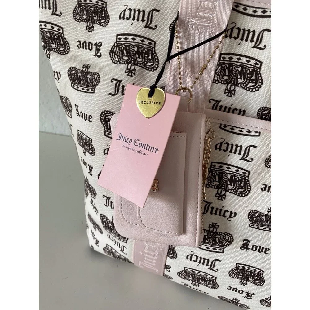 Juicy Couture Crown Juicy Festival Tote Bag Pink Cream Chocolate W/Plush Charm‎